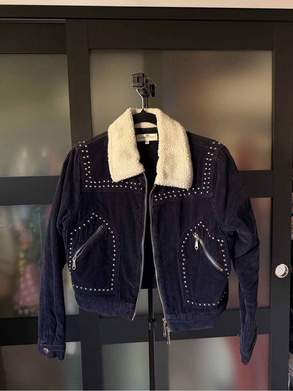 Rebecca Minkoff Corduroy Sherpa Collar Studded Jacket - Navy